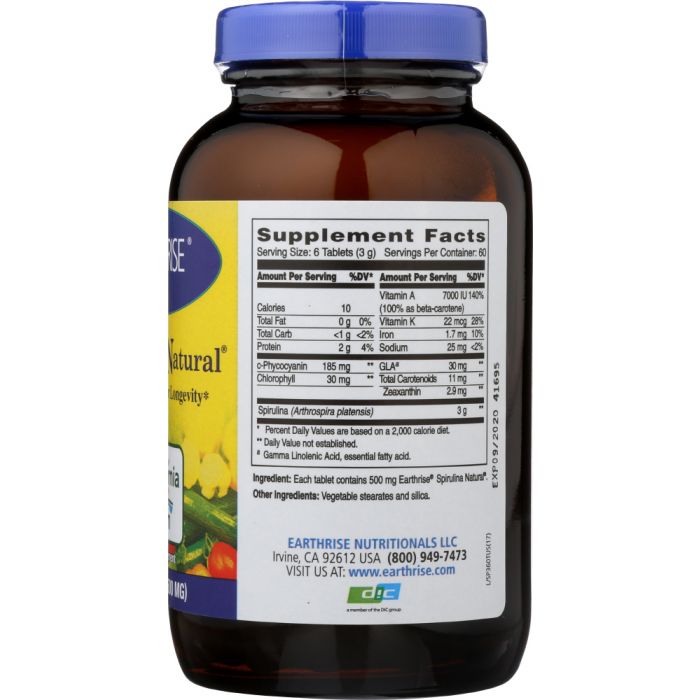 EARTHRISE: Spirulina Natural Green Super Food For Longevity 500 mg, 360 Tablets