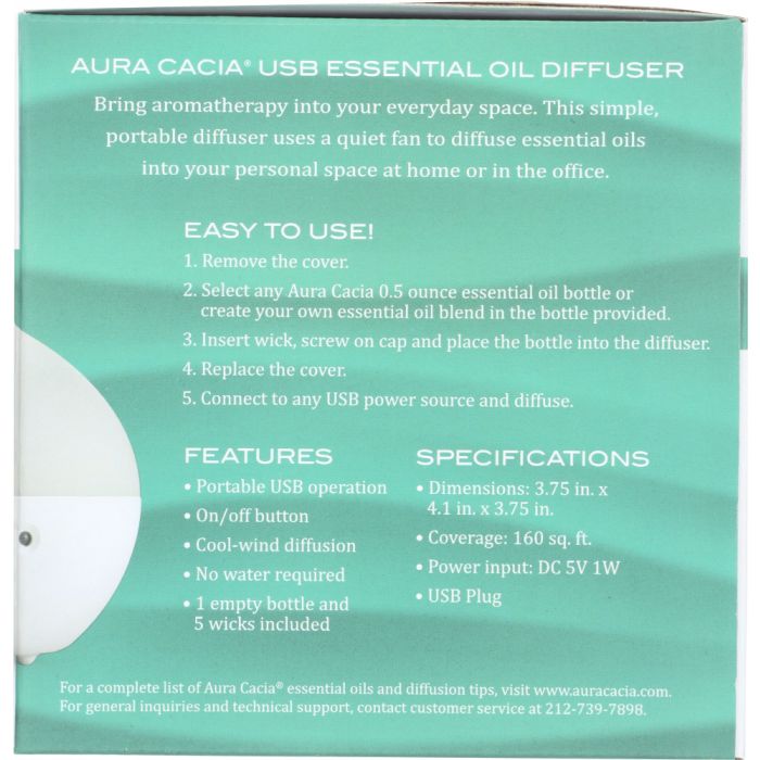 AURA CACIA: USB Diffuser Essential Oil Aromatherapy, 1 ea